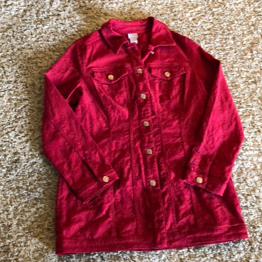 Chico’s red jacquard denim jacket sz 1 (m)